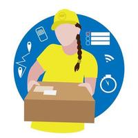 leverans kvinna i en gul enhetlig innehar en packade låda. platt stil. uppkopplad beställa leverans service vektor