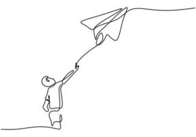 Eine fortlaufende Strichzeichnung des Jungen startet ein Flugzeug. kleines Kind, das Papierflugzeug in den Himmel am Außenfeld lokalisiert auf weißem Hintergrund spielt. Freiheit und Leidenschaft kreatives minimalistisches Konzept vektor