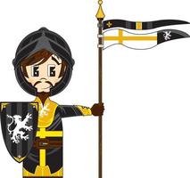 söt tecknad serie modig medeltida riddare med skydda och flagga vektor