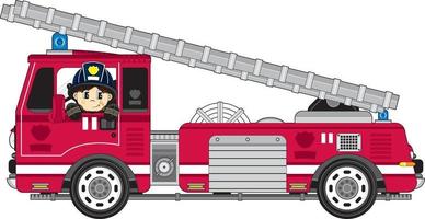 söt tecknad serie brandman och brand motor vektor
