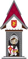 tecknad serie modig medeltida riddare på torn vakt hus vektor
