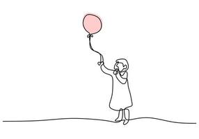 en kontinuerlig ritning av små flickor som spelar ballonger. söt barn flicka håller en viftande ballong i vinden isolerad på vit bakgrund. barndomskoncept. vektor illustration