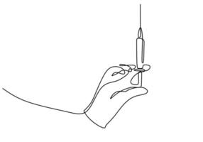 kontinuierliche einzeilige Zeichnung einer Hand mit Injektion. Illustration von medizinischen Geräten oder Werkzeugen handgezeichnet. eine Hand, die eine Nadel für den Corona-Impfstofftest hält, isoliert auf weißem Hintergrund. vektor