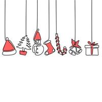 durchgehende Linie hängen Weihnachtsbaum, Geschenkbox, Stern, Liebe, Weihnachtsmütze und Socke. Frohe Weihnachten und frohes neues Jahrthema lokalisiert auf weißem Hintergrund. handgezeichnete Linie Kunst Minimalismus Design vektor