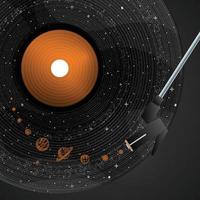 Planeten und Sterne auf Vinyl aufzeichnen, retro Hintergrund, Post, Banner vektor