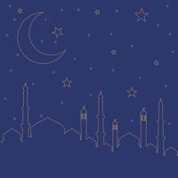 minimalistisk islamic bakgrund. lyx guld översikt islamic moské och himmel full av stjärnor med stor halvmåne måne. perfekt för hälsning kort, affischer, och social media inlägg vektor