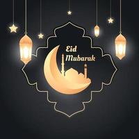 eid Mubarak golden Luxus Design. glänzend Gold Moschee mit schön traditionell islamisch Muster und elegant Kalligraphie. perfekt zum Gruß Karten, Poster, und Sozial Medien Beiträge vektor