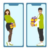 Weiß Frau und Mann mit Geschenk Kisten im Hand, online Geschenke vektor