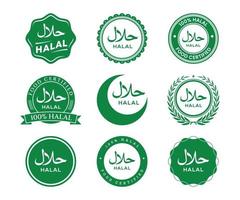 halal mat Produkter etiketter. vektor halal tecken certifikat märka. grön färger halal mat logotyp uppsättning