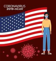 coronavirus banner med kvinna med usa flagga vektor design