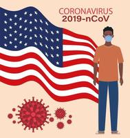 Coronavirus-Banner mit Afro-Mann mit USA-Flaggenvektorentwurf vektor