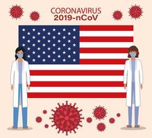Coronavirus-Banner mit Ärzten mit USA-Flaggenvektordesign vektor