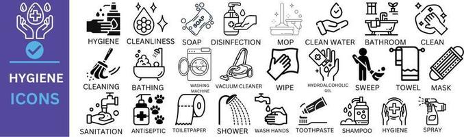 Hygiene Symbol Satz. enthält Reinigung, Desinfektion, Seife, Baden, fegen, Dusche, Waschen Hände, sauber und Hygiene Symbole. Sauberkeit Konzept. solide Symbol Sammlung. vektor