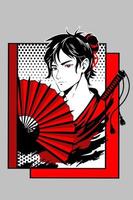 man i en kimono innehar en röd fläkt i de stil av manga och anime. vektor
