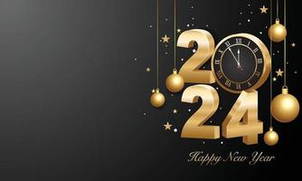 glücklich Neu Jahr 2024. 3d Gold Zahlen mit golden Weihnachten Dekoration und Konfetti auf dunkel Hintergrund. Urlaub Gruß Karte Design. vektor