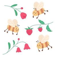 Vektor nahtlos Muster mit Himbeere, Bienen und Blume. Hand gezeichnet Illustration von Bienen im ein minimalistisch Stil im Pastell- Farben.
