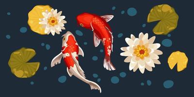 en uppsättning av orange koi fisk, lilja knoppar och löv på en blå bakgrund med bubblor. asiatisk uppsättning av flytande karp, fisk design i orientalisk japansk stil. karp simmar. samling av fisk i de damm. vektor