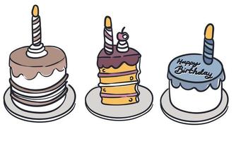 Vektor Farbe einstellen mit Geburtstag Kuchen, Kerzen und Cupcakes. süß Kontur Elemente von das Kuchen. komisch Dessert Illustration zum Postkarte, Poster, drucken Design. Symbole von das Urlaub Linie.