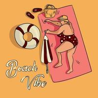 Strand Stimmung, ein Frau Lügen im das Sonne. Vektor Design von ein Sommer- Poster im ein einfach Stil. Kontur Illustration mit das Farbe von ein heiter rundlich Frau Lügen auf das Sand. Drucken auf Banner