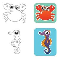 vektor illustration av söt liten krabba och sjöhäst för färg bok, färg sidor, klistermärke, etc