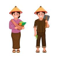 asiatisk jordbrukare by par familj karaktär traditionell Kläder symbol uppsättning illustration vektor