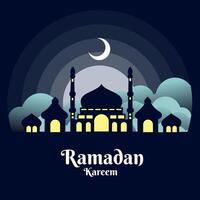 Ramadan Banner, eid Mubarak mit Moschee Design beim Nacht mit Gelb Licht vektor