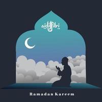 Ramadan Banner mit Silhouetten von Menschen beten und über Weiß Wolken vektor