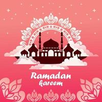 Ramadan Banner Design mit ein Moschee auf ein Wolke mit ein Regenbogen geformt Arabisch Ornament im Rosa vektor