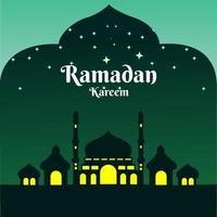 ramadan banner med en silhuett av en gul upplyst moské på grön himmel ljus stjärnor vektor