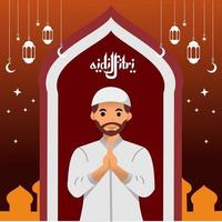 Illustration von ein männlich Charakter wünsche ihm ein glücklich Ramadan mit ein Moschee Tür und Sterne im das Hintergrund vektor