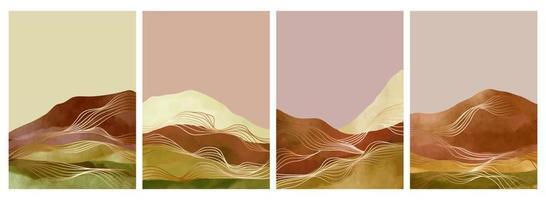 berg landskap vattenfärg målning på uppsättning. abstrakt samtida estetisk bakgrund landskap. med berg, kullar, skog, horisont. vektor illustration