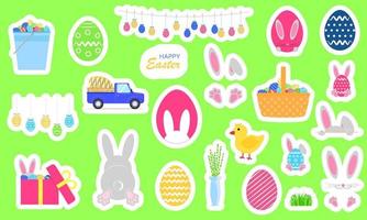 einstellen von Aufkleber zum Ostern. hell Ostern Symbole wie Kaninchen, Hase, Ei, Frühling, Küken. Vektor Illustration
