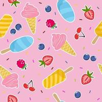Sommer- Eis Sahne Muster mit Beeren. süß Vektor nahtlos Hintergrund mit Erdbeere, Himbeere, Kirsche und Eis Sahne Kegel.