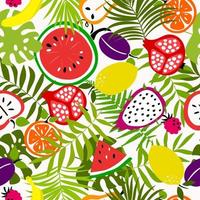 frukt sömlös mönster, samling av exotisk tropisk frukt med växter. sommar design. exotisk tropisk frukt. färgrik vektor illustration