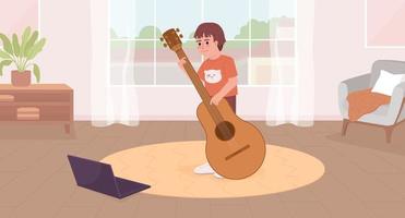 online Musik- Klasse zum Kind eben Farbe Vektor Illustration. klein Junge spielen Gitarre mit Video Lernprogramm. Held Bild. völlig editierbar 2d einfach Karikatur Charakter mit Leben Zimmer auf Hintergrund