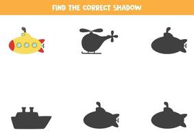 Finde den richtigen Schatten des U-Bootes. logisches Rätsel für Kinder. vektor