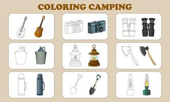 einstellen von Färbung Seiten auf das Thema von Sommer- und Reise. hell Färbung Elemente zum Camping. Färbung Buch Vektor Illustration.
