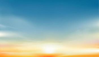 Sonnenuntergang Himmel Hintergrund, Sonnenaufgang mit Gelb und Blau Himmel, Natur Landschaft romantisch golden Stunde mit Dämmerung Himmel im Abend nach Sonne Morgendämmerung, Vektor Horizont Banner Sonnenlicht zum vier Jahreszeiten Konzept