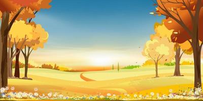Herbst ländliche Landschaft Bauernhof Felder und Waldbäume mit orangefarbenem Himmel Sonnenuntergang, Vektor Cartoon Banner Hintergrund Bauernhof Feldernte, Landschaft der natürlichen Landschaft mit Sonnenaufgang für den Hintergrund der Herbstsaison