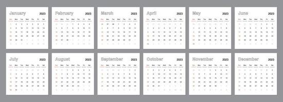 klassisk en gång i månaden kalender för 2023. kalender i de stil av minimalistisk fyrkant form. de vecka börjar på söndag. vektor