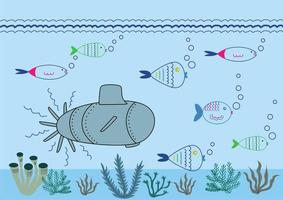 U-Boot unter Wasser Konzept. Marine Leben mit Fisch, Koralle, Seetang, bunt Blau Ozean Landschaft vektor