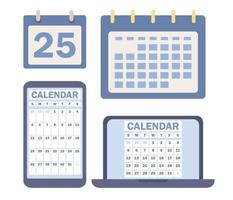 Kalender Symbol Satz. online Kalender auf Laptop und Smartphone App. Datum Seite unterzeichnen. Zeitplan, Planung, Veranstalter Konzept. Vektor eben Illustration