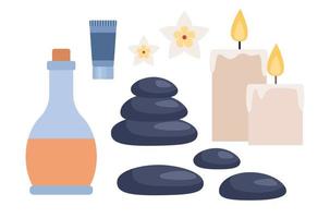 Spa Symbol Satz. Körper Pflege, natürlich Behandlung, Spa Salon, Kosmetika, Medizin, Orient Massage Konzept. organisch Schönheit Produkt, natürlich Öle, Essenzen, Steine, Kerzen, Blumen. Vektor eben Illustration