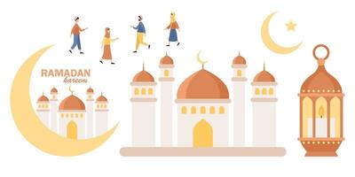 ramadan kareem guld ikoner uppsättning. hälsning eid mubarak. människor fira Ramadhan helig månad i islam. halvmåne och stjärna, moské, ramadan lykta. vektor platt illustration