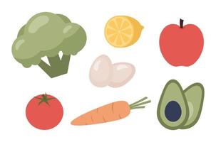 gesund Essen einstellen Symbole. Brokkoli, Avocado, Tomate, Eier, Karotte, Apfel, Zitrone. Vektor eben Illustration