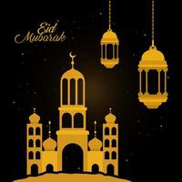 eid mubarak guld tempel med månhängare lyktor och stjärnor vektor design