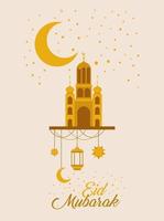 Eid Mubarak Gold Tempel mit Mond Kleiderbügel Laterne und Sterne Vektor-Design vektor