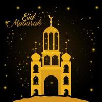 Eid Mubarak Gold Tempel mit Mond und Sterne Vektor-Design vektor