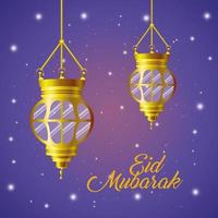 eid mubarak guld lyktor med stjärnor lysande vektor design