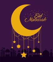 Eid Mubarak Mond mit Sternen und Stadtgebäude Vektor-Design vektor